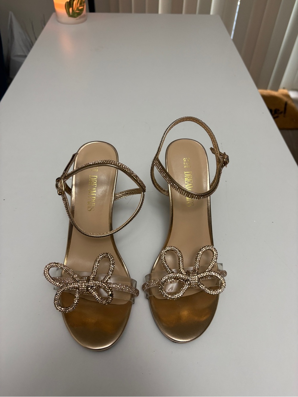 Dream Pairs Metallic Gold Crystal Bow Ankle-Strap Heels